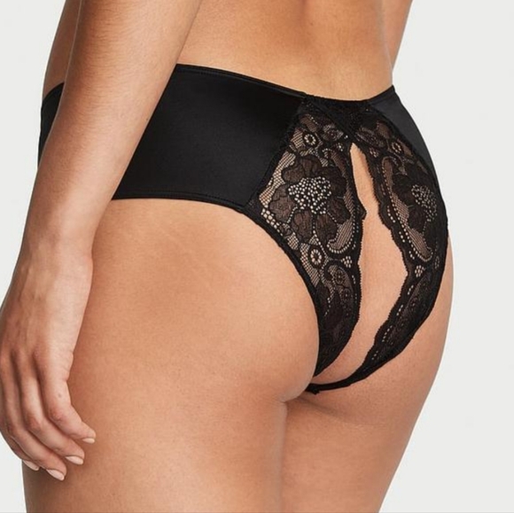 Victoria's Secret Very Sexy blackCrotchless Lace-Trim Cheeky Panty Size Large - Picture 1 of 5